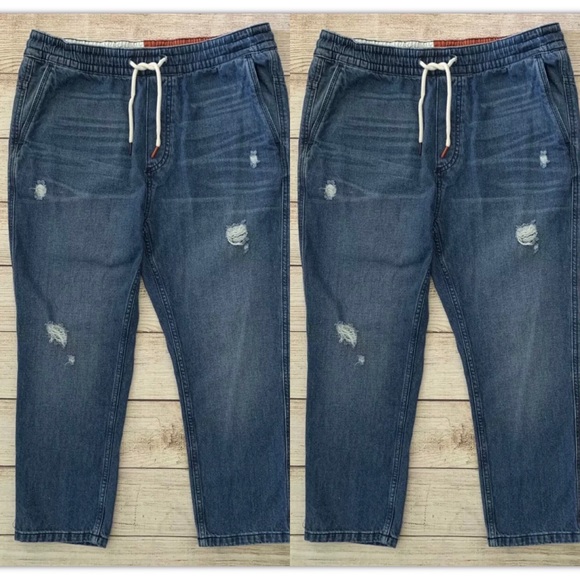 Tommy Hilfiger Denim Drawstring Crop Jeans Distressed Elastic Waist Sz Medium